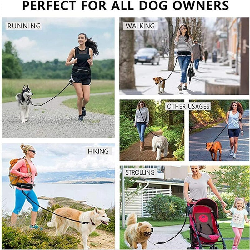 Handsfree hundkoppel för promenader och träning med stötdämpande elastiskt koppel för stora hundar upp till 180 kg, telefonficka och vattenflaskhållare